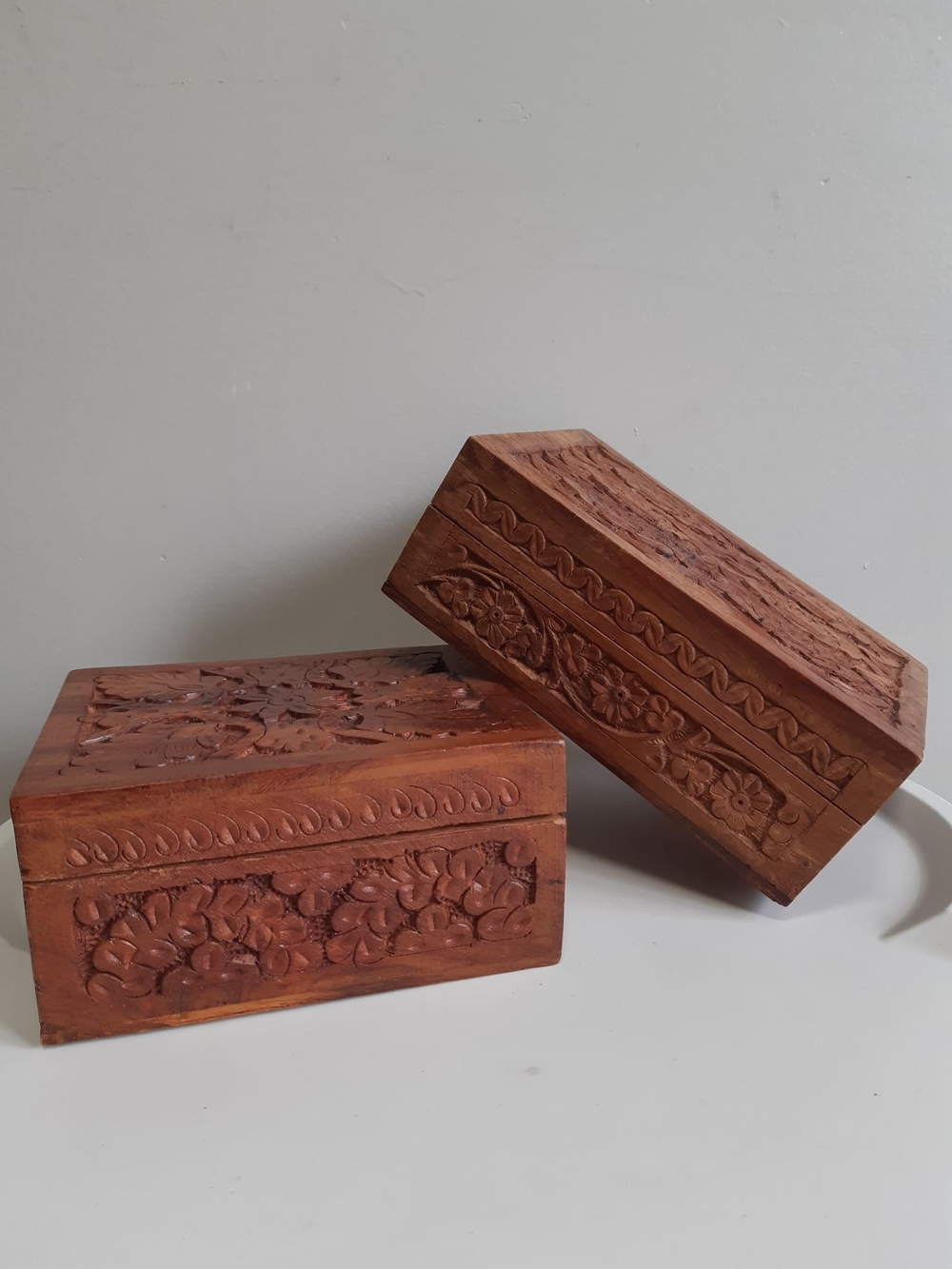 Hand-Carved Teak Wooden Jewelry Boxes - Floral Design (Set of 2 together)